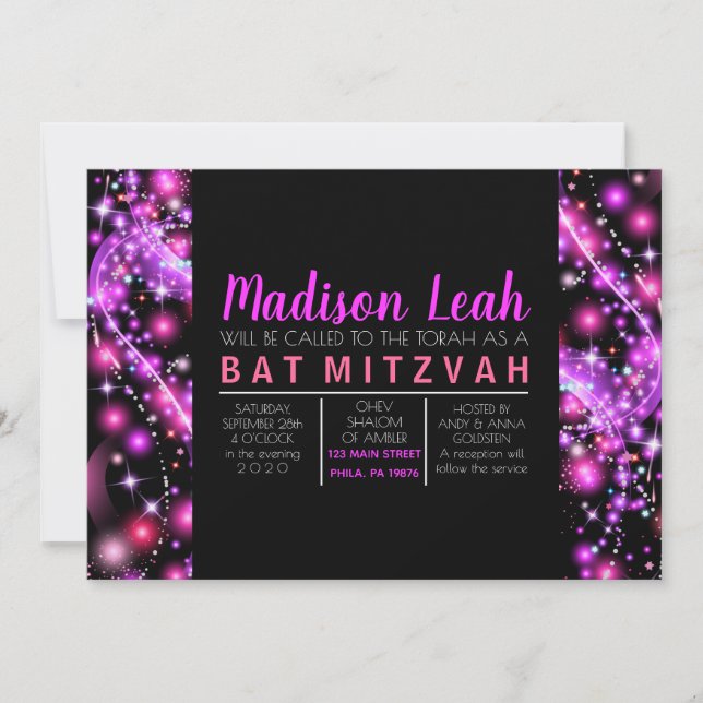 PINK GLOTING STARS Bat Mitzvah Convite (Frente)