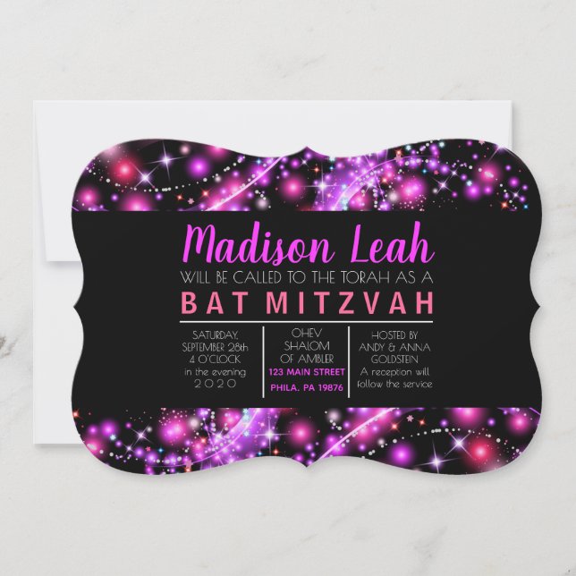 PINK GLOTING STARS Bat Mitzvah Convite (Frente)
