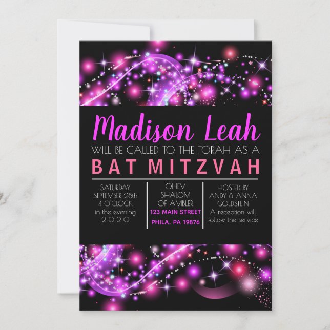 PINK GLOTING STARS Bat Mitzvah Convite (Frente)