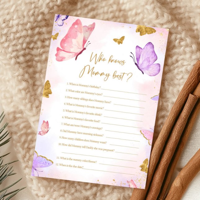Pink Gold Purple Butterfly Shower Who knows Game (Butterfly Baby Shower Game)