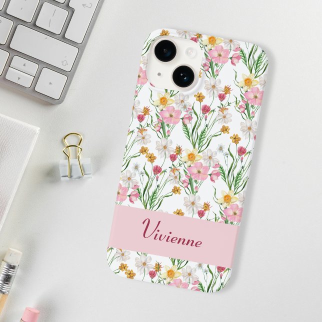 Pink Green Watercolor Wildflower Name (Pink Wildflower Monogram Phone Case)
