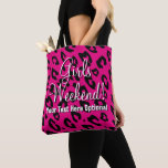 Pink leopard spot rosettes girls weekend tote bag<br><div class="desc">Hot pink leopard spot rosettes girls weekend tote bag . Cute for girls night out,   women's get together reunion,  ladies vacation trip or crazy bachelorette party for wedding brides. Elegant customizable text. Wild exotic animal pattern. Personalize with custom text.</div>