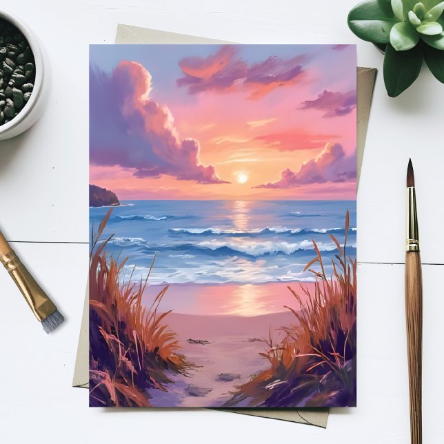 Pink Ocean Sunset Beach Watercolor Painting Card (Criador carregado)
