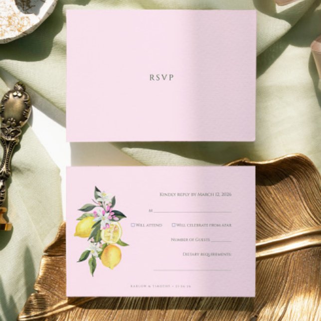 Pink Pastel Watercolor Citrus Wedding RSVP Card (Criador carregado)