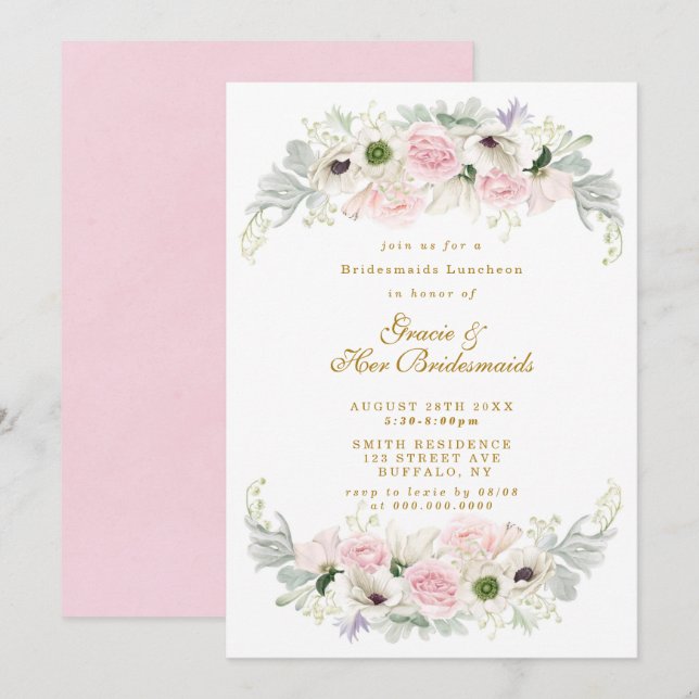 Pink Peony Anemone Bridesmaids Luncheon Invite (Frente/Verso)