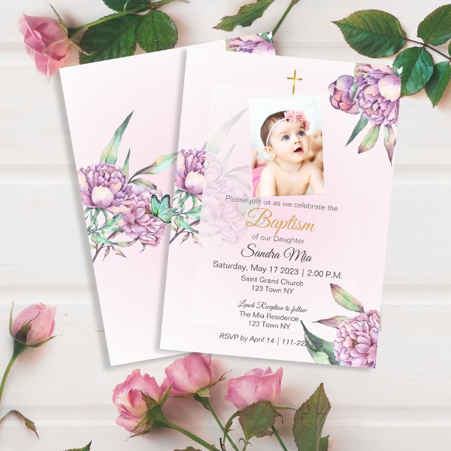 Pink Peony Floral Baptism Convite (Pink Peony floral Baptism Invite)