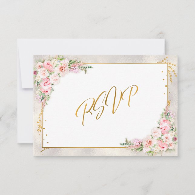 Pink Peony Floral Dourado Script e Frame RSVP (Frente)