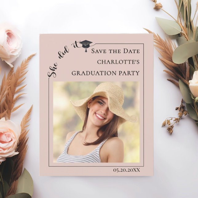 Pink Photo Graduation Party Save the Date card (Criador carregado)