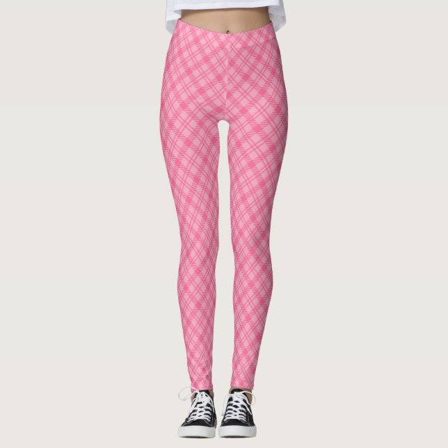 Pink plaid leggings displayed front view, worn  (Frente)