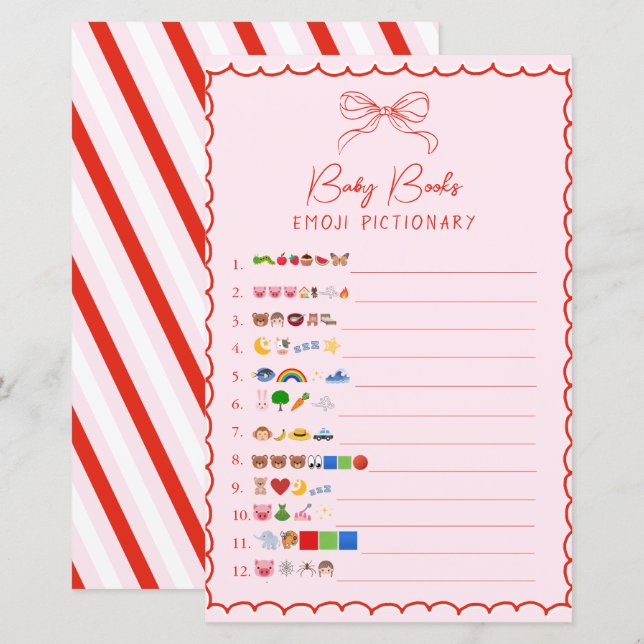 Pink & Red Bow Baby Books Emoji Pictionary Game (Frente/Verso)