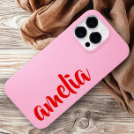 Pink red custom name bold script<br><div class="desc">Phone cover featuring your name in a red script font on a pink background. Bold and colorful design.</div>