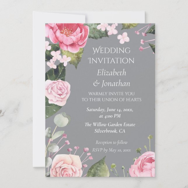 Pink Roses on Grey Customizable Wedding Invitation (Frente)