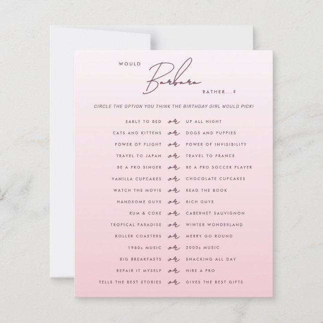 Pink Script Would She Rather Party Game Card (Frente)