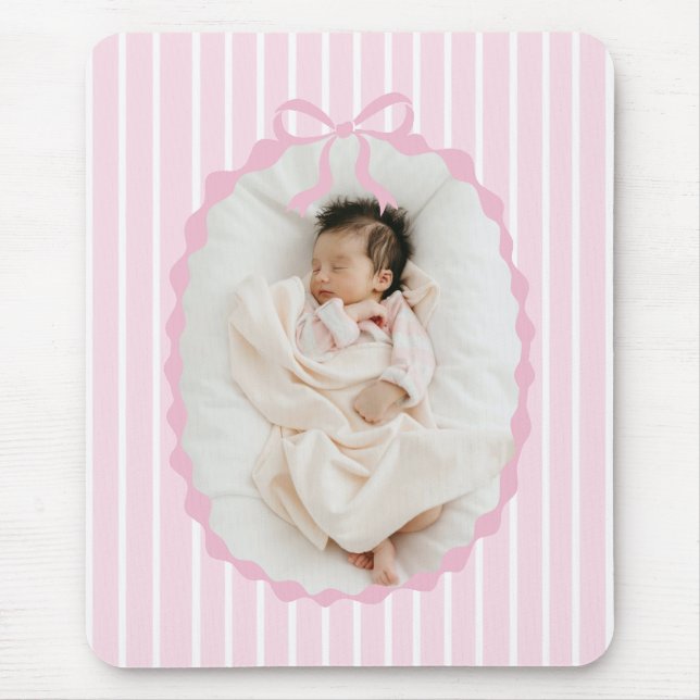 Pink Stripes Bow Frame Custom Photo Mousepad (Frente)