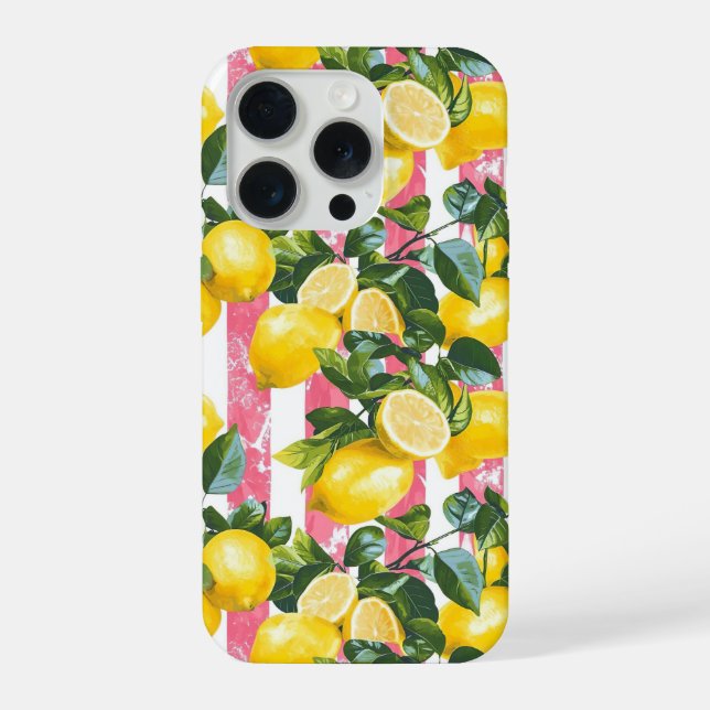 Pink Stripes Summer Lemon Pattern iPhone Case (Verso)