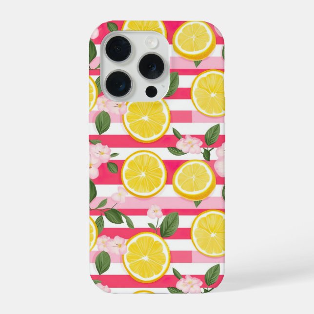 Pink Stripes Summer Lemon Pattern iPhone Case (Verso)
