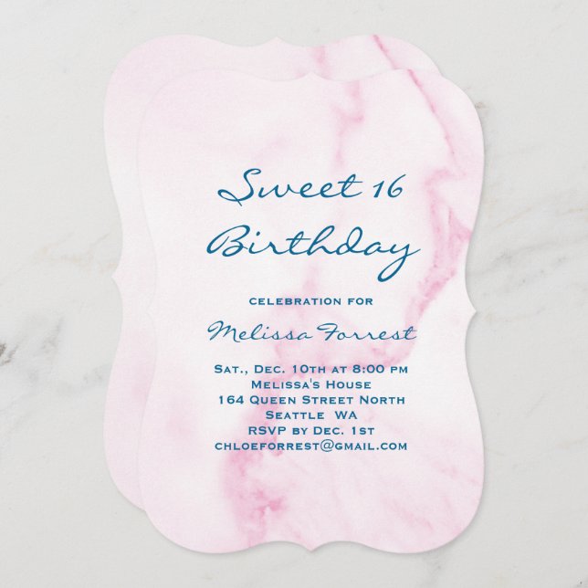 Pink Sweet 16 Marble Birthday Convite (Frente/Verso)