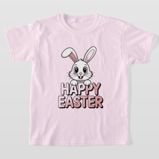 Pink T-Shirt Happy Easter White Bunny (Postura )