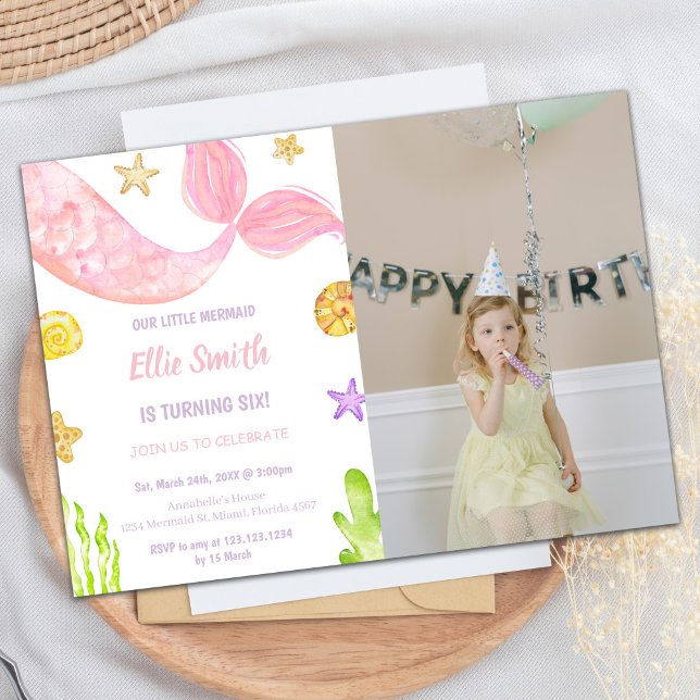 Pink Tail Smermaid Convite de Aniversário com Foto (Pink Tail Mermaid Birthday Invitations with photo)