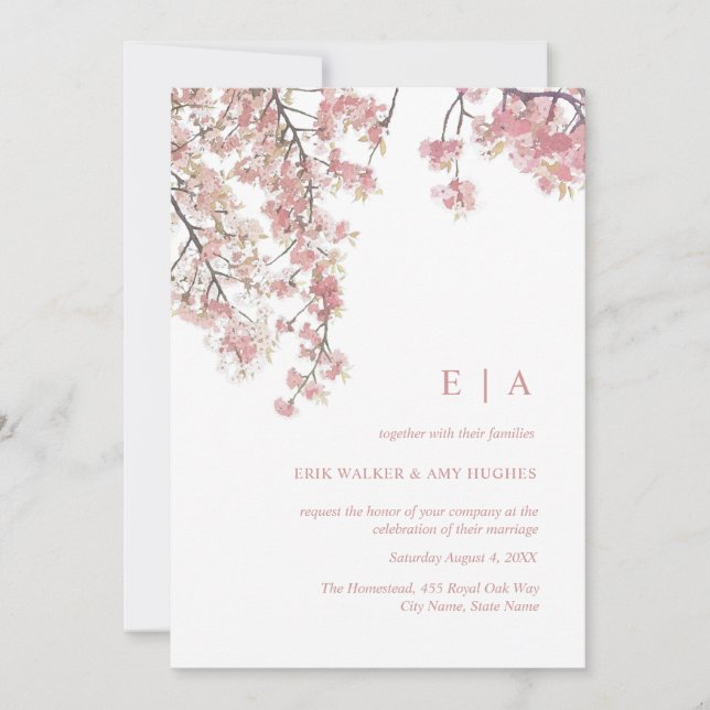 Pink watercolor cereja flor convite para casamento (Frente)