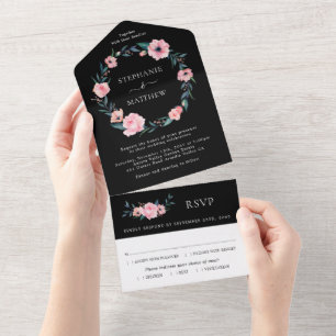 Pink Watercolor Floral Wreath Black