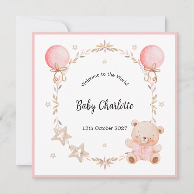 Pink Welcome Baby Floral Frame Teddy Bear Card (Frente)