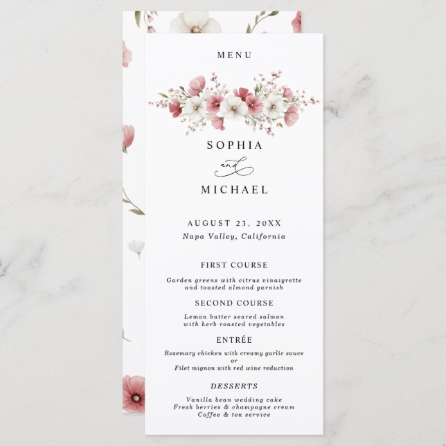 Pink Wild Flowers Wedding Menu (Frente/Verso)