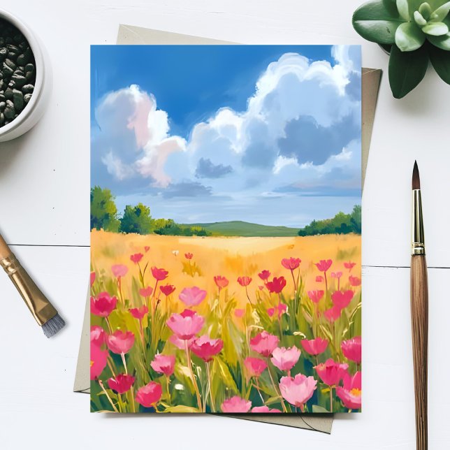 Pink Wildflower Field Floral Watercolor Card (Criador carregado)