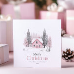 Pink Winter Cotage Christmas — Cartão de saudação<br><div class="desc">Este charmoso cartão de boas-vindas de Natal apresenta uma ilustração aquosa de cor macia de uma casota cor-de-rosa enfiada entre vergreens nevados e árvores de inverno nuas. A elegante saudação de "Feliz Natal" é impressa em uma fonte sérvia delicada, acrescentando um toque acolhedor e festivo. Personalizável com nome e data...</div>