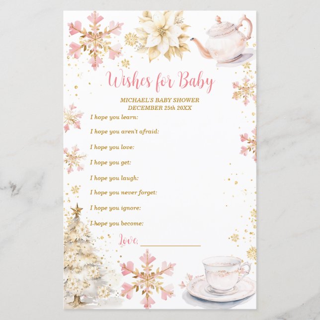 Pink Winter Tea Party Baby Shower Wishes for Baby (Frente)