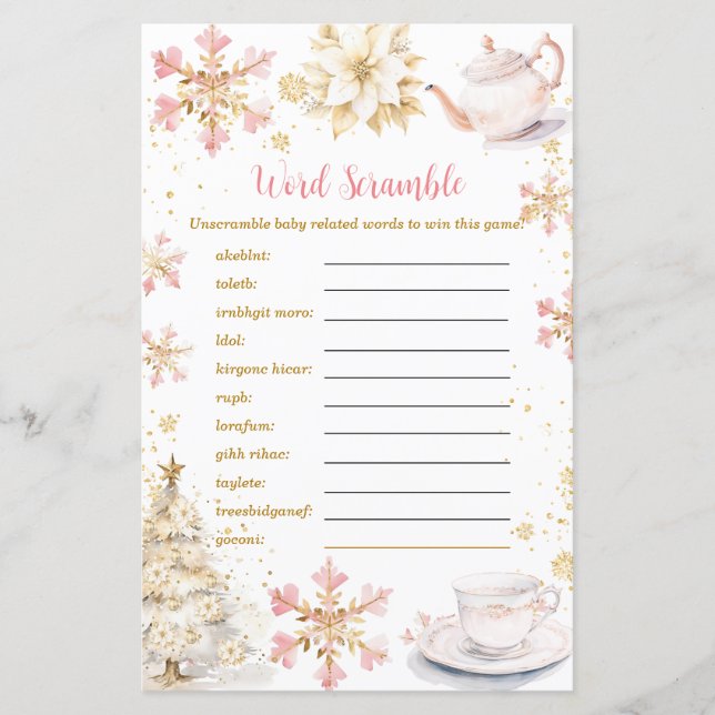 Pink Winter Tea Party Baby Shower Word Scramble (Frente)