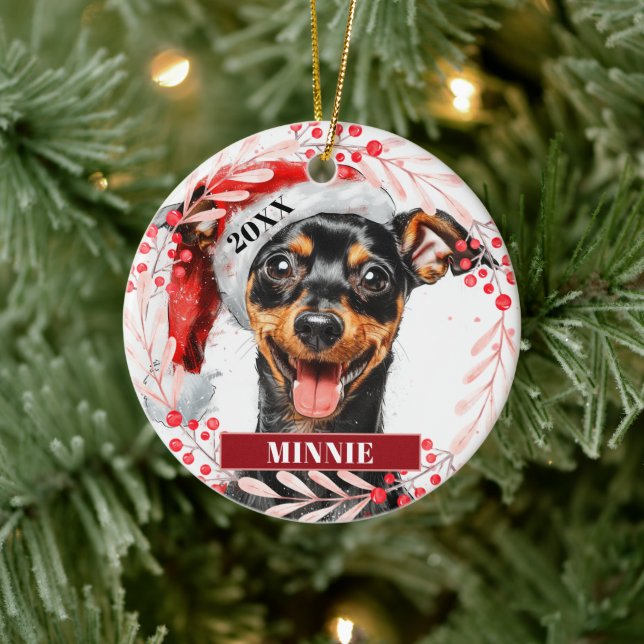 Pinscher Miniatura de Chapéu de Papai Noel Enfeite (Árvore)