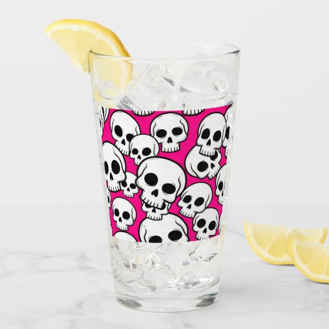 Pint Copo de Vidro com Estampa de Caveira Rosa (Gelo frontal)