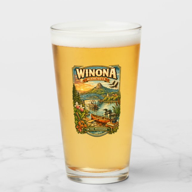 Pint Copo de Vidro de Souvenir Único de Winona, MN Minn (Frente (Preenchido))