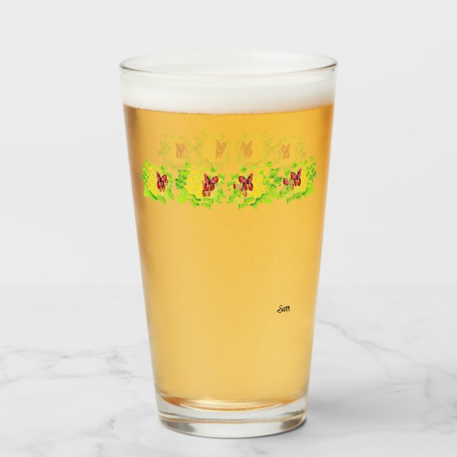 Pint Copo de Vidro: Flor Asiático com Borboleta (Frente (Preenchido))