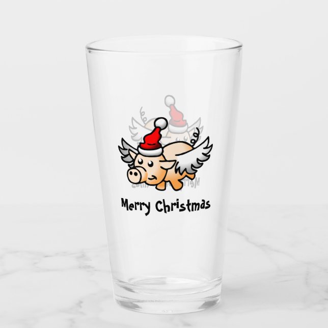 Pint Copo de Vidro Porco de Natal Voador (Frente)