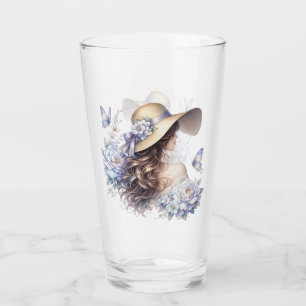 Pint Copo de Vidro Senhora Floral Azul Elegante