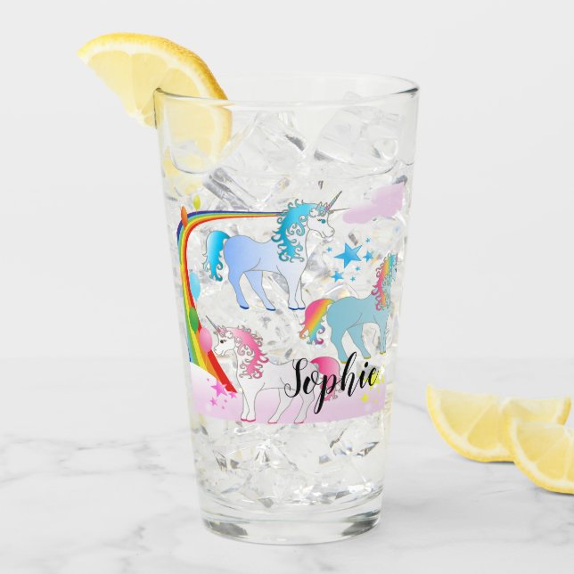 Pint Copo de Vidro Unicórnio Personalizado e Arco-íris (Gelo frontal)
