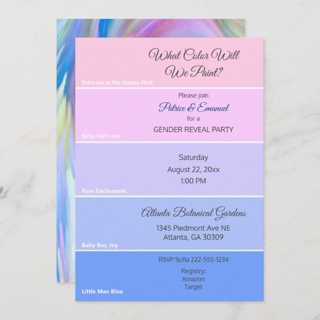 Pinta Chip Gênero Revela Convite Azul Cor-de-Rosa (Frente/Verso)