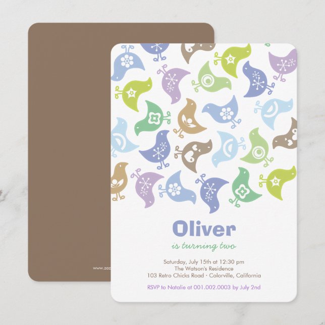 Pintinhos Retro Azul Convite para Festa de anivers (Frente/Verso)