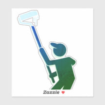 Pintor com adesivo do cilindro de tinta