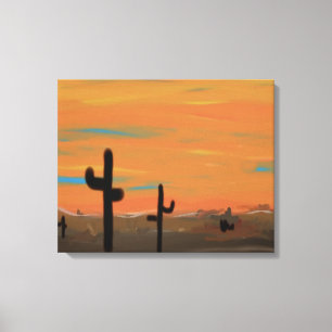 Pintura de Canvas de Céu Laranja e Cactos