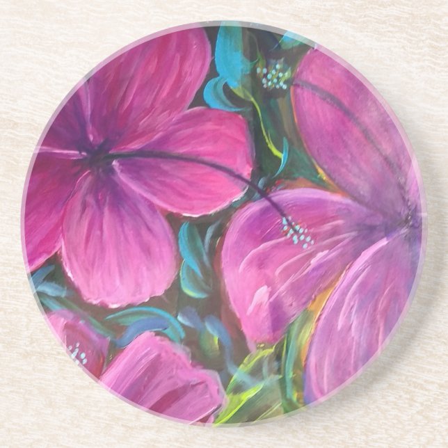 Pintura de Flores de Hibisco Rosa - Porta-copos (Frente)