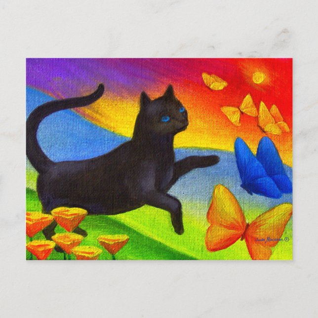 Pintura De Gato Preto Em Cartões Postais Borboleta (Frente)