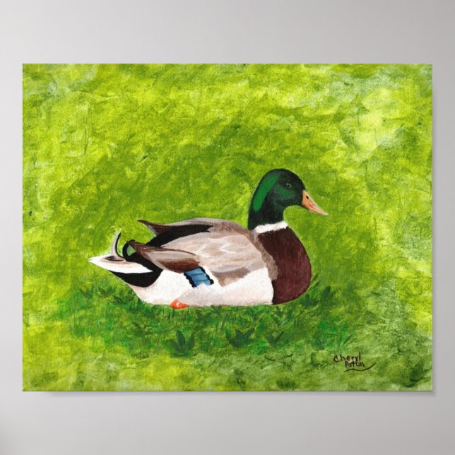 Pintura de Pato-real Sentado na Grama Posters (Frente)