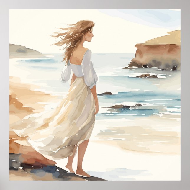 Pintura de uma mulher num vestido branco Impressão (Frente)
