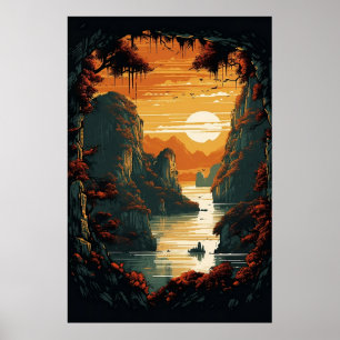 Pintura do nascer do sol sobre montanhas Poster Ar