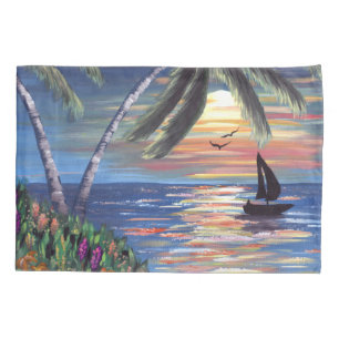 Pintura do oceano do por do sol das palmeiras