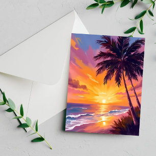 Pintura do Pôr do Sol na Praia do Havaí Cartão de
