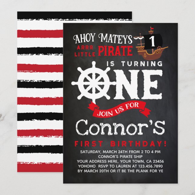Pirate Primeiro Convite De Aniversário (Frente/Verso)